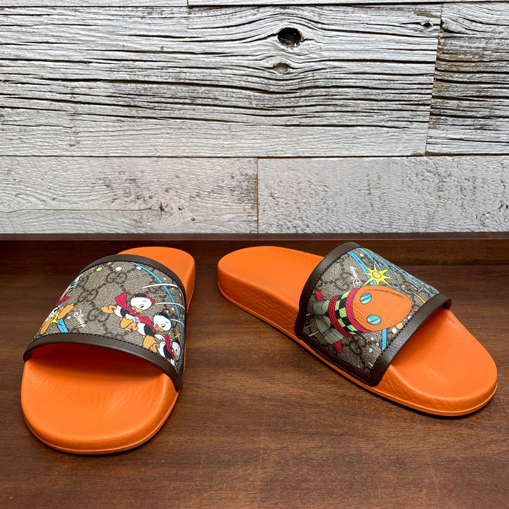 Gucci Donald Duck Beige Slide Disney GG Supreme Size 38 7.5 Sandal Orange 649655 - Picture 4 of 17